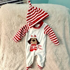 Christmas Infant One Piece With Hat Unisex 9 Months White/Red Striped Velour EUC